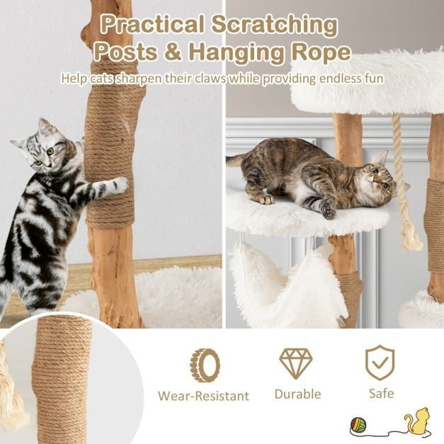 Arbre à chat en bois de 87 cm avec hamac Différentes plateformes Tour pour chat avec coussin doux Corde en sisal à suspendre