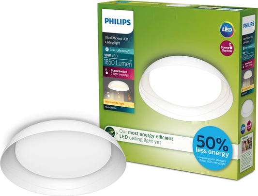 Plafonnier Philips Fleta - Ultra-efficace - Technologie d'éclairage SceneSwitch - 10 W - Lumière blanc chaud - Design blanc - Réduisez vos dépenses énergétiques
