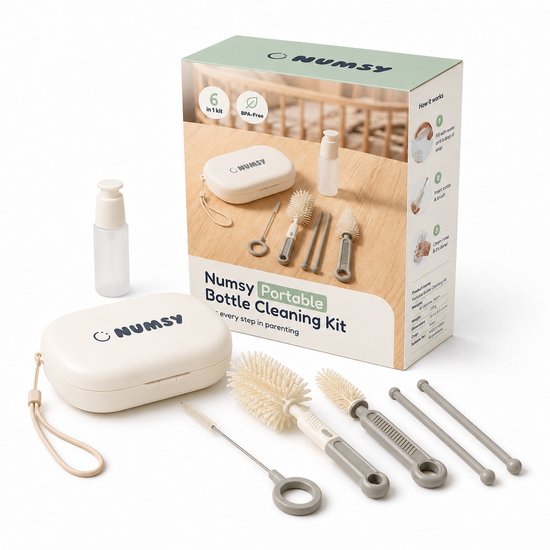 Kit de brosses pour biberons Numsy « On The Go » - Brosse pour biberon en silicone - Brosse pour biberon longue