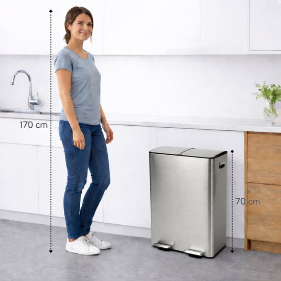 Bayt Poubelle - Poubelle 60 litres (2x30) - Poubelle 60 litres - Poubelle à pédale 60 litres - Poubelle Séparation des déchets - Poubelle 2 compartiments - Poubelle - Acier inoxydable - Argent
