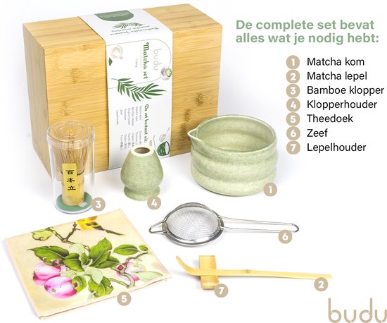 Budu Matcha set 7 pièces - Fouet à Matcha - Bol à Matcha - Fouet à Matcha - Kit de démarrage Matcha - Tamis - Set cadeau Matcha - Cadeau de Noël