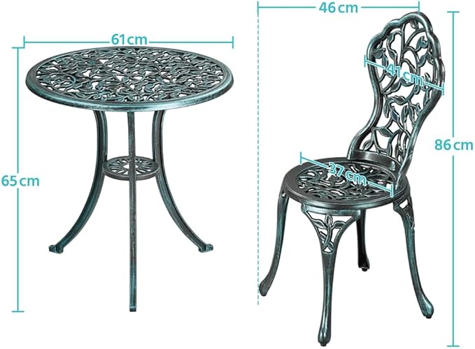 Ensemble de bistrot Yaheetech 3 pièces – Vert – Ensemble de jardin en métal comprenant 2 chaises et une table