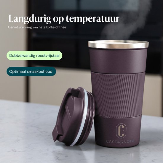Mug isotherme Castagnola - Mug à café à emporter - Mug de voyage pour café et thé - Mug à thé - 510 ml - Acier inoxydable - Marron