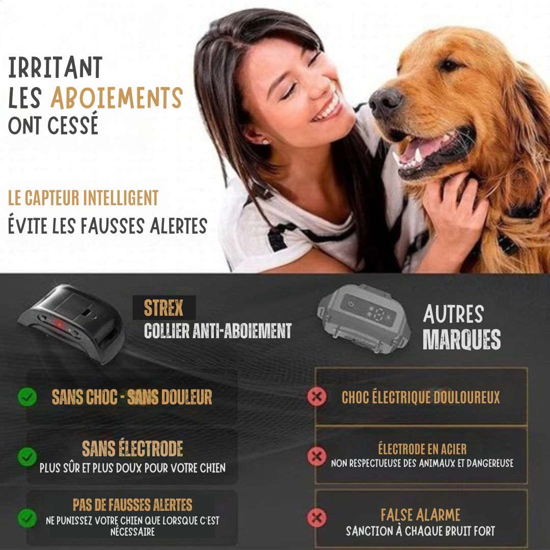 Bande anti aboiement Strex pour chiens - 3-60KG - Sans choc - Vibration et audio - Bande anti aboiement