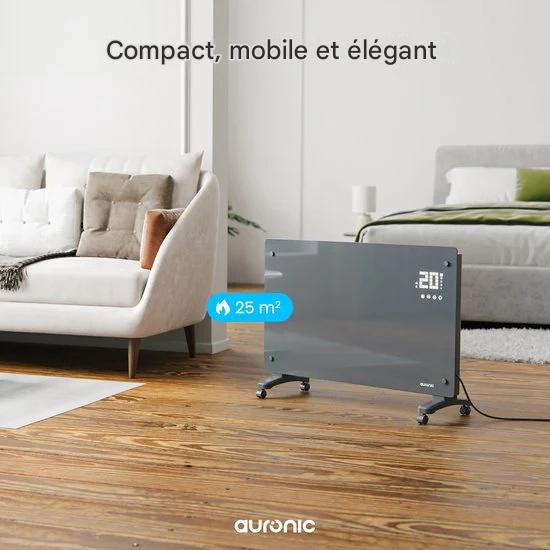 Auronic Radiateur électrique - Radiateur à convection avec thermostat et télécommande - Radiateur à panneau en verre - Radiateur 2000 W - Gris