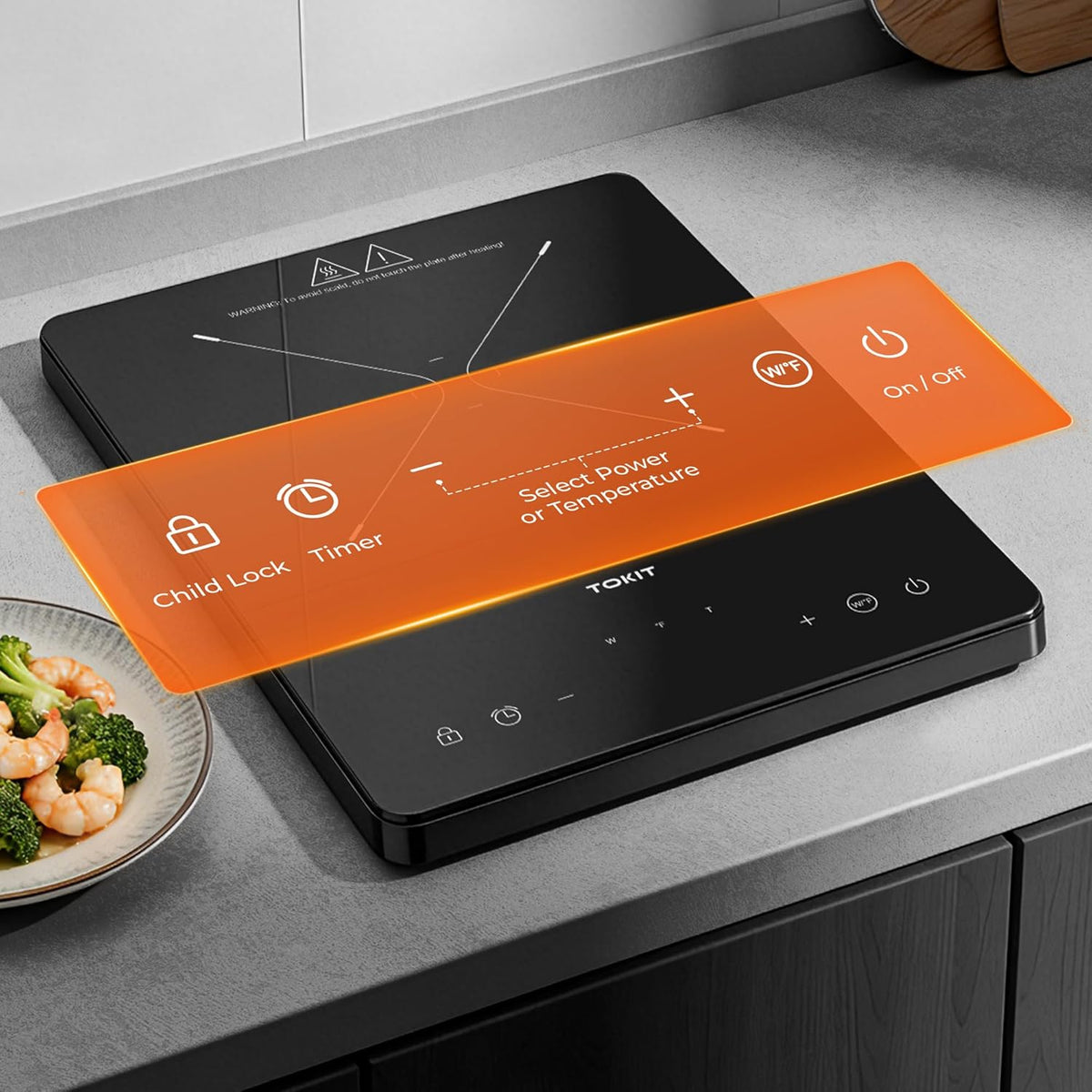Plaque à induction Tokit 2000 W – 9 niveaux de cuisson, minuterie de 90 min – Ultra-fine (40 mm) – Noire