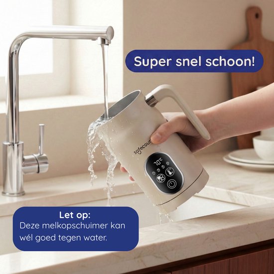 Safecourt kitchen Mousseur à lait électrique - 100% sans PFAS - Affichage et contrôle de la température - 4 en 1 - 350ml - Beige