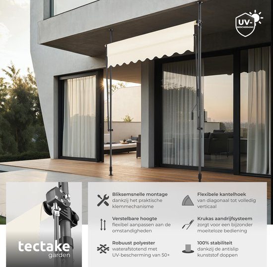 tectake® Auvent à fixation par pinces avec manivelle - Auvent de balcon sans perçage - Réglable en hauteur - Résistant aux UV - Hydrofuge - Auvent de terrasse - Protection solaire pour terrasse et balcon - Largeur 200 cm - Beige