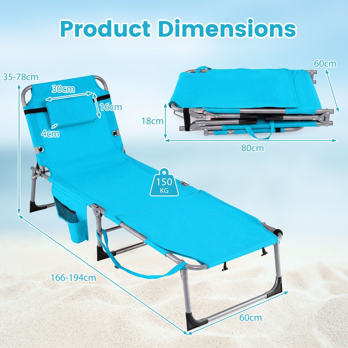 Chaise longue de jardin pliable - Turquoise - 4 positions d'inclinaison - Repose-pieds réglable - 150 kg - Avec porte-gobelet