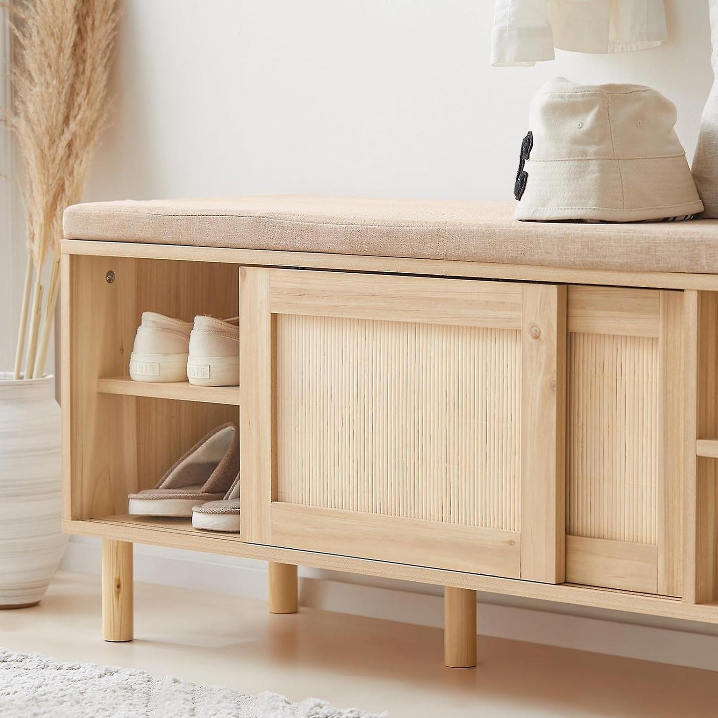 SoBuy Meuble à chaussures avec coussin d'assise - 2 portes coulissantes - Rustique - 1212 x 35 x 49 cm - Marron