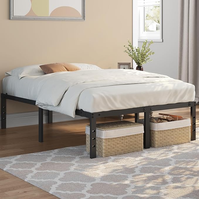 Cadre de lit en métal Yaheetech 135 x 190 cm – Noir – 135 x 190 x 41,5 cm – Avec sommier à lattes en acier et espace de rangement