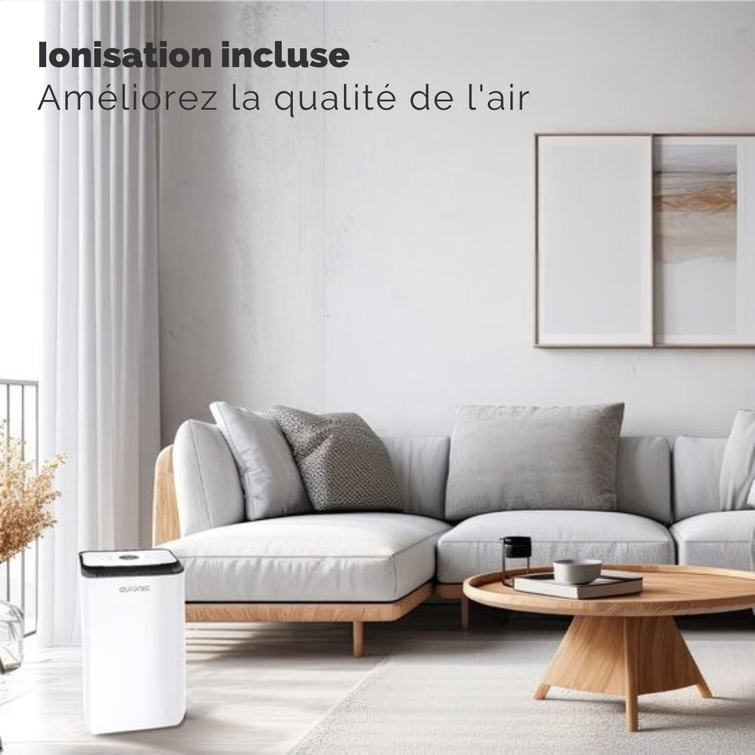 Déshumidificateur 12L Auronic - Avec fonction séchage du linge, Purificateur d'air, 185W, Silencieux (36 dB), Convient pour 48 m³ - Blanc