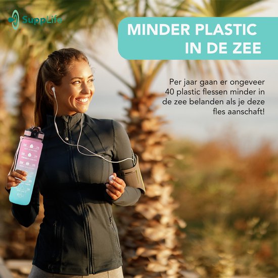 Gourde Supplife - 1 litre - avec paille - Motivation - Gourde de sport - Sans BPA - Rose Aqua