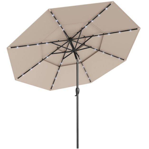 Parasol de terrasse Coast à 3 couches, Ø 313 cm - Éclairage LED solaire - Inclinable - Commande à manivelle - Beige