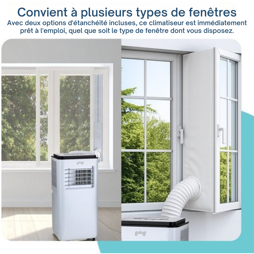 Gologi 3-in-1 Mobile Air Conditioner - Rafraîchisseur d'air avec Wifi et App - 9,000 BTU/h - Avec kit d'étanchéité pour fenêtre - Télécommande incluse - Convient pour la chambre à coucher - Blanc