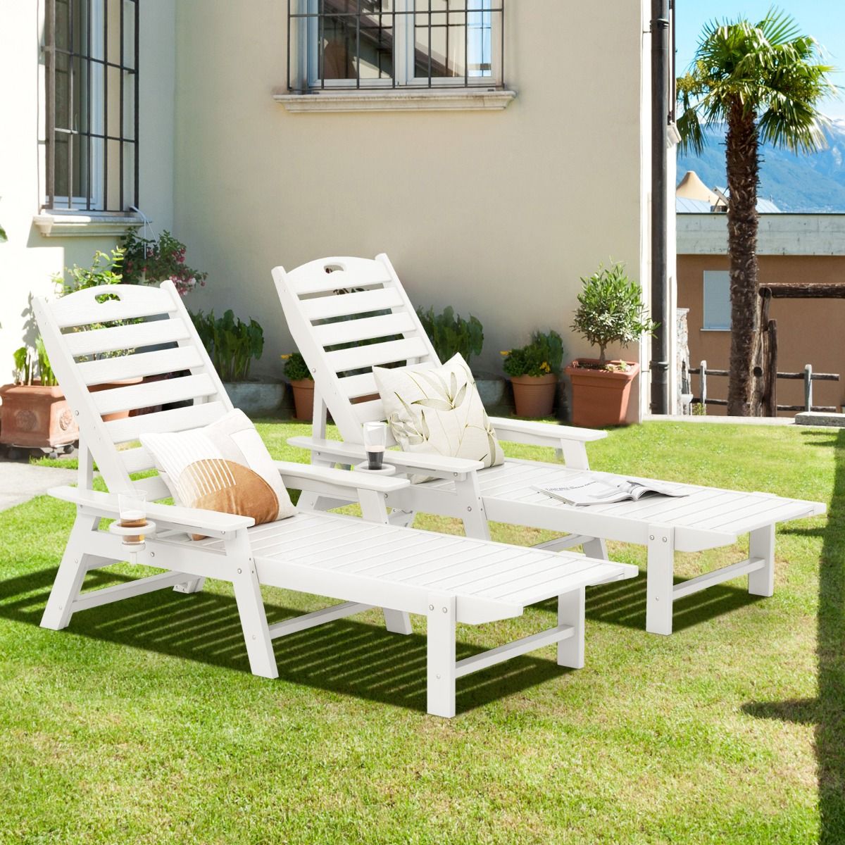 Chaise longue de jardin Coast - Dossier réglable sur 4 positions - Porte-gobelet pivotant - Blanc