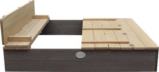 Bac à sable en bois AXI Ella XL, gris/marron - Avec bancs et couvercle - Bois certifié FSC - 120 x 120 x 20 cm - Bac à sable pour enfants