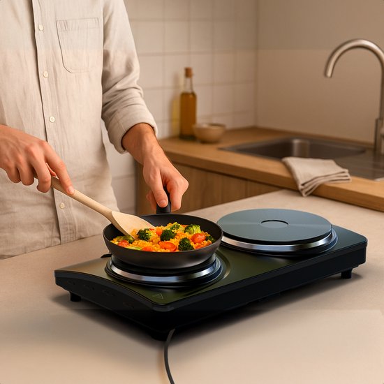 KitchenBrothers Table de cuisson électrique - 2 brûleurs - pose libre - 7 réglages de température - 1500W + 1000W - Noir
