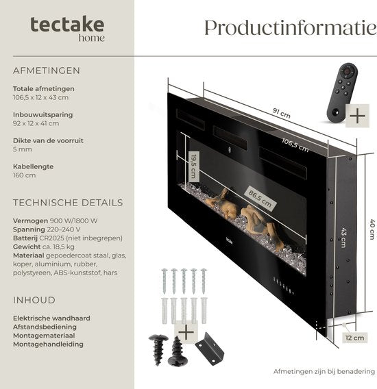 tectake® Wall Fireplace - Cheminée électrique - Atmosphere Fireplace - 106.5 x 12 x 43 cm - 900W & 1800W - Contrôlé par télécommande ou application - avec thermostat - Poêle - avec chauffage - Cheminées - Effets de bois et de lueur - Flammes 3D - Minuteur