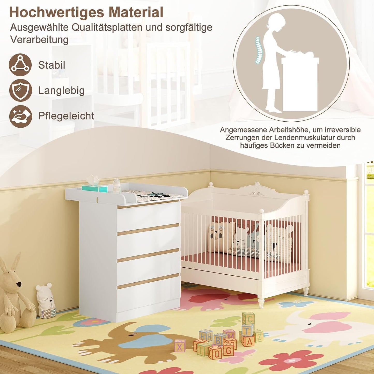 Commode pour bébé WOLTU avec planche à langer amovible – 4 tiroirs – Bois certifié FSC – Blanc