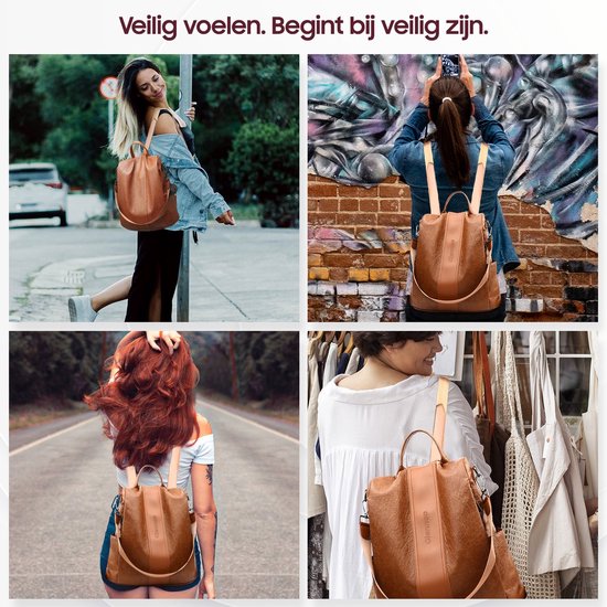 Glennoo Anti-theft Backpack Ladies - Sac à dos pour dames - Cuir PU - Marron