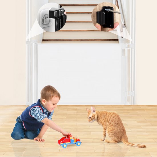 Barrière d'escalier enroulable avec fonction autocollante - Barrière de sécurité - Réglable - Barrière pour chien - Barrière d'escalier sans perçage - Barrière pour enfant - Pour animaux et enfants - 10 à 150 cm de large - Blanc - Sweet Sprout