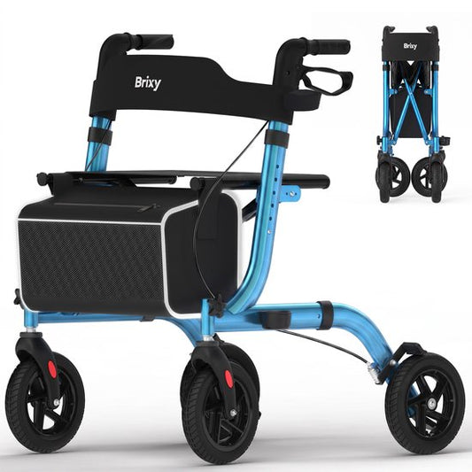 Rollator Brixy - Léger et pliable - Roues en caoutchouc à 360° - Siège intégré - Utilisation à l'intérieur et à l'extérieur - Dossier, sac et support pour canne - Bleu