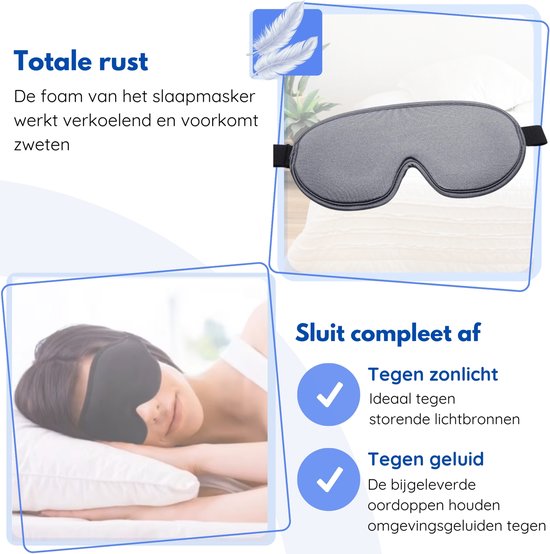 Hilvard - Masque de sommeil - Masque oculaire - Bouchons d'oreilles inclus - 100% occultant - Ajustable - Ergonomique - Gris
