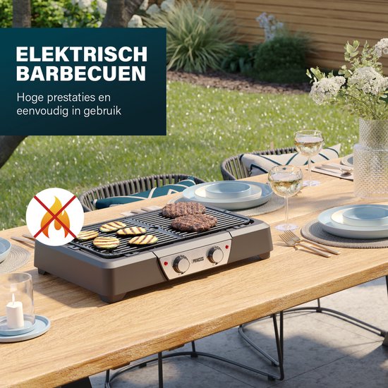 Princess BBQ Table Grill 112254 - Noir - Thermostat réglable - BBQ de table - Appareil pour grillades - Grande surface de cuisson - 2000W