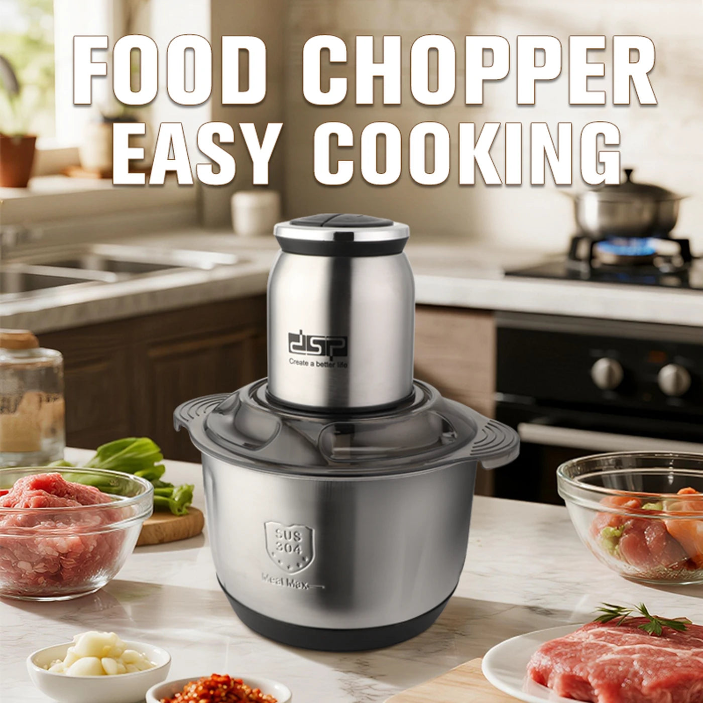 Hachoir de cuisine DSP KM4108 - 5 litres - 500 W - Bol en acier inoxydable 304 - Couteau à cinq lames - 2 vitesses - Moteur en cuivre