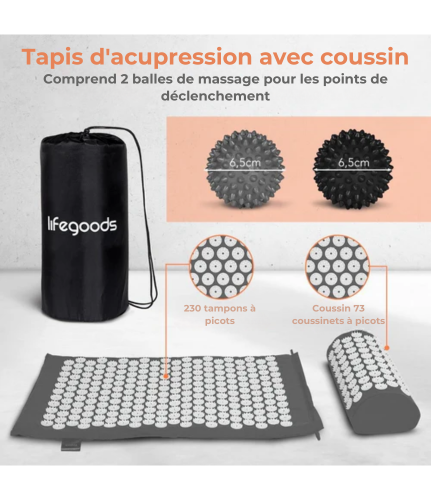 Tapis d'acupression avec coussin - LifeGoods - Tapis Shakti - 66x40x2cm - Gris/Blanc