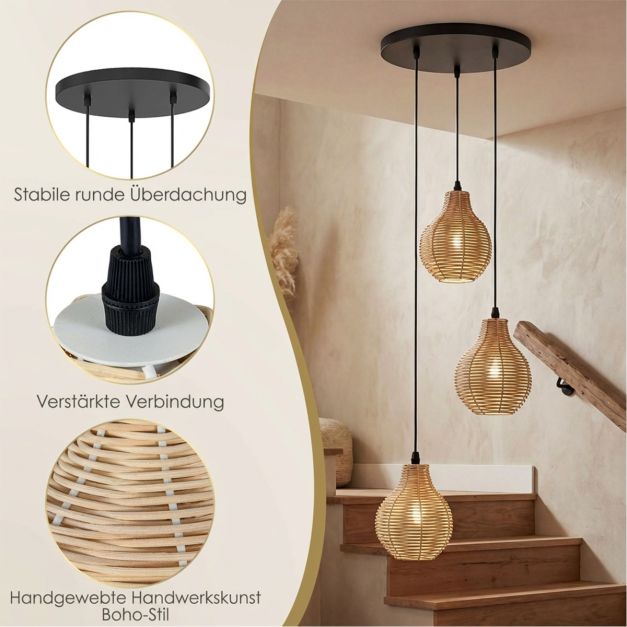 Suspension Coast à 3 lumières en rotin – Réglable de 24 à 102 cm – Ø 30 cm – Noir et beige