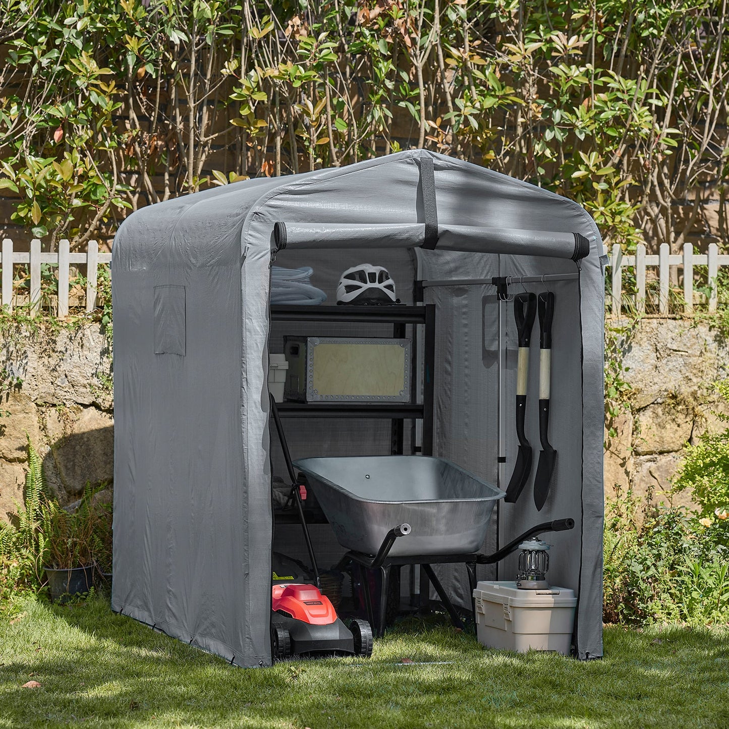 sobuy Abri de jardin extérieur - abri motorisé étanche avec crochets - abri vélo et rangement outils - gris - 120 × 176 × 163 cm