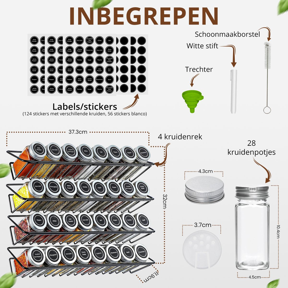 SV Living Support à épices noir 37,3x11,9x6 cm - 32 pots à épices en verre avec accessoires - à suspendre avec ou sans perceuse