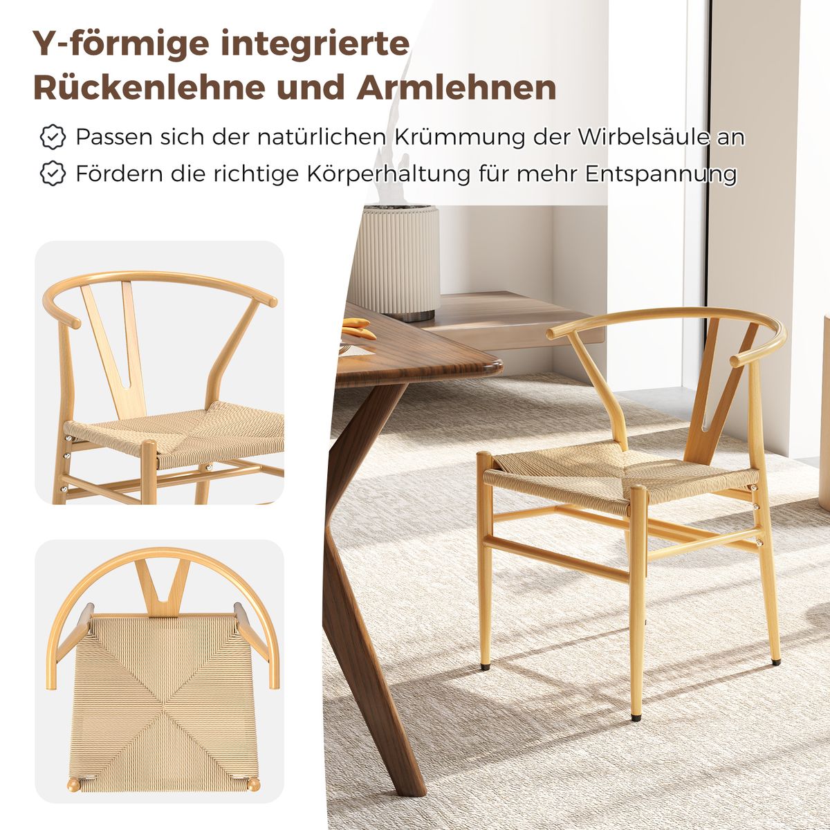 Lot de 2 chaises de salle à manger Coast - Dossier en forme de Y - Assise en rotin tressé - Couleur naturelle