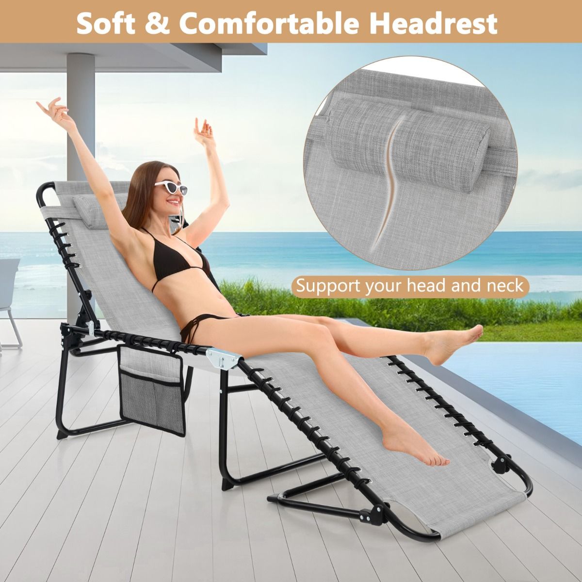 Coast Garden Lounger - Bain de soleil avec poche latérale et appui-tête - pliable - avec dossier réglable - gris