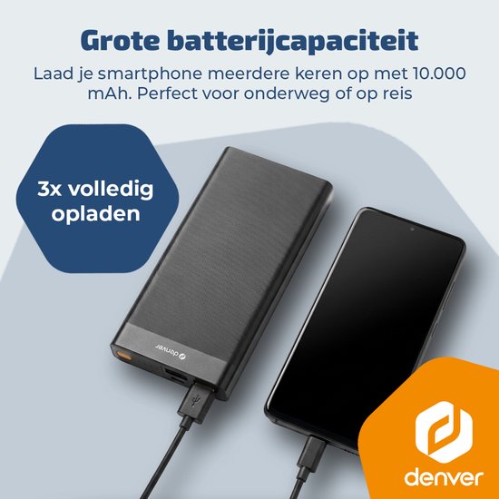 Batterie externe Denver - 10 000 mAh - Charge rapide 22,5 W - Indicateur LED - Kit d'urgence - PQC10008