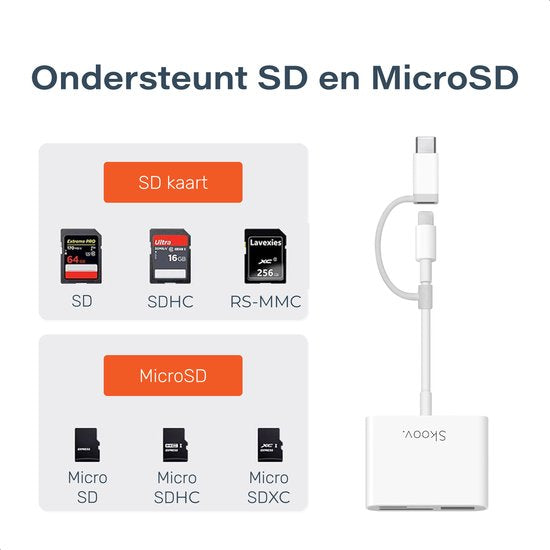 Skoov SD Card Reader - Lecteur de cartes pour iPhone et USB-C - Lecteur de cartes Micro SD et SD - Adaptateur Lightning - Lecteur de cartes mémoire - Lecteur SD et Micro SD - USB vers USB C