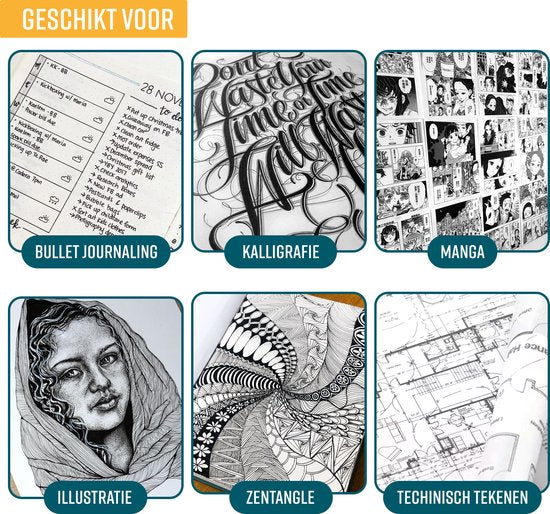 NAPI 10 Fineliners Noirs avec Stylo Pinceau et Règle - 0.2 à 3mm - Stylos Noirs - Accessoires Bullet Journal - Set de stylos à dessin