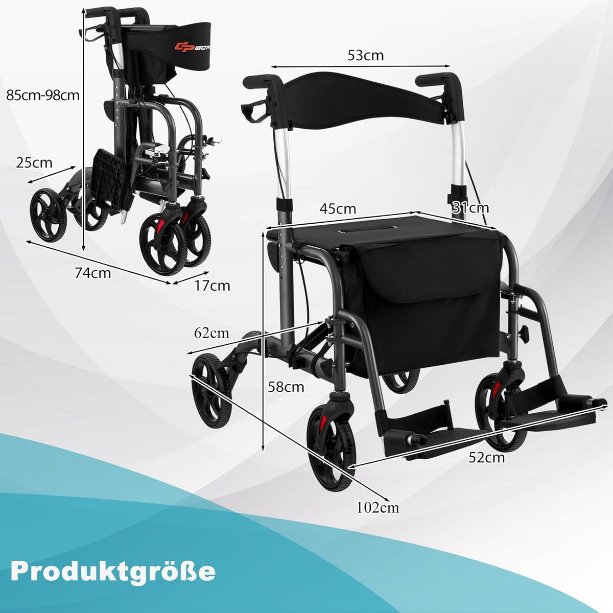 Déambulateur pliable Coast - Multifonctionnel - Hauteur réglable - Avec support pour sac et bâton - Noir