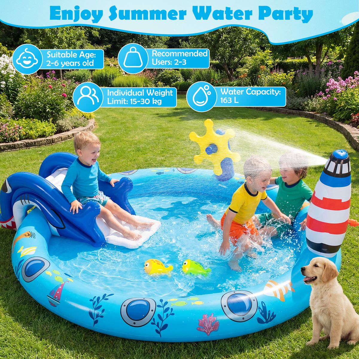 Piscine gonflable pour enfants Coast - Espace de jeux aquatiques sur le thème de la mer - Toboggan en forme de requin et jet d'eau - Multicolore 188 x 153 x 63 cm