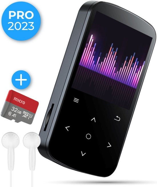 Nuvance - Lecteur MP3 avec écran tactile et Bluetooth - Ecouteurs et carte SD 32GB inclus - avec clip - Enregistreur vocal numérique - avec radio FM - Noir