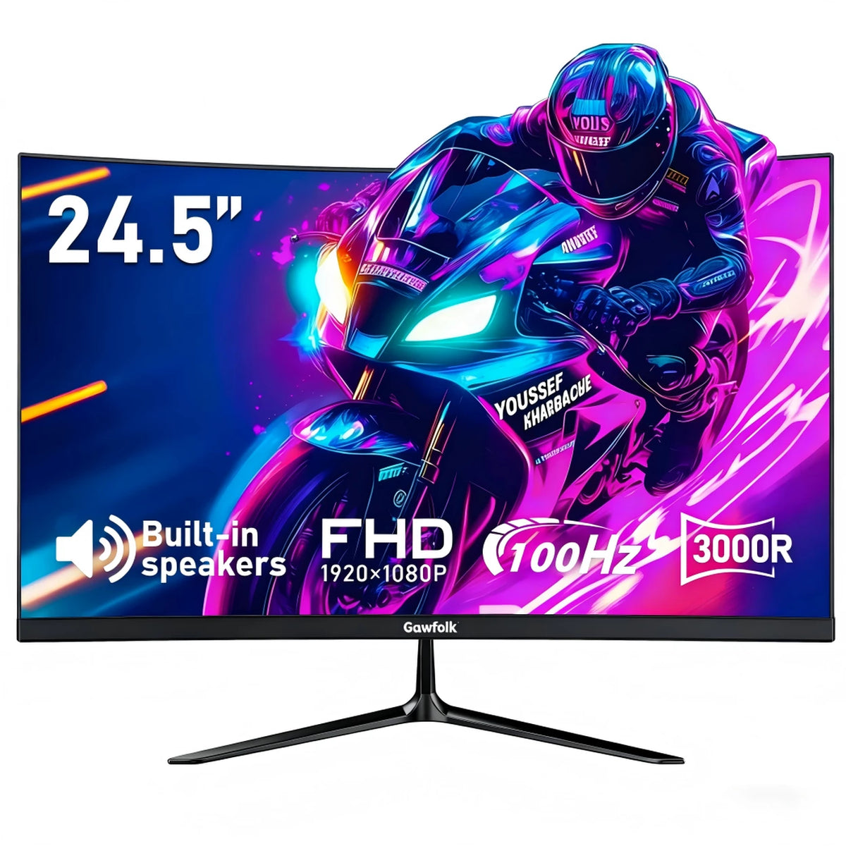 Écran incurvé Gawfolk 24,5 pouces - 16 × 55 × 39 cm - Noir - Full HD 120 Hz - 1 ms - Haut-parleurs intégrés