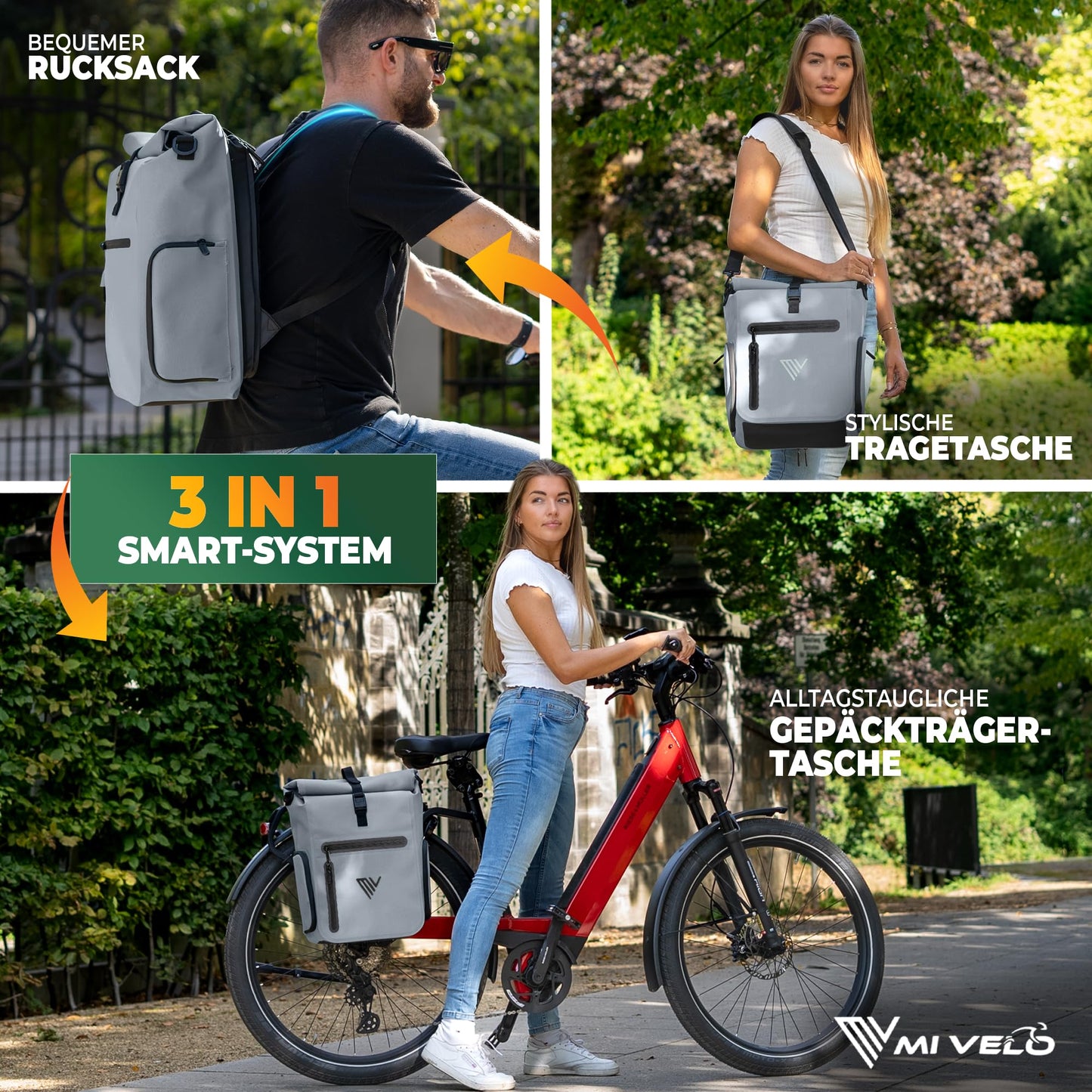 MIVELO EVO 25L : sac de vélo 3 en 1 pour porte-bagages – sac à dos et sac à bandoulière – 100 % imperméable et entièrement réfléchissant