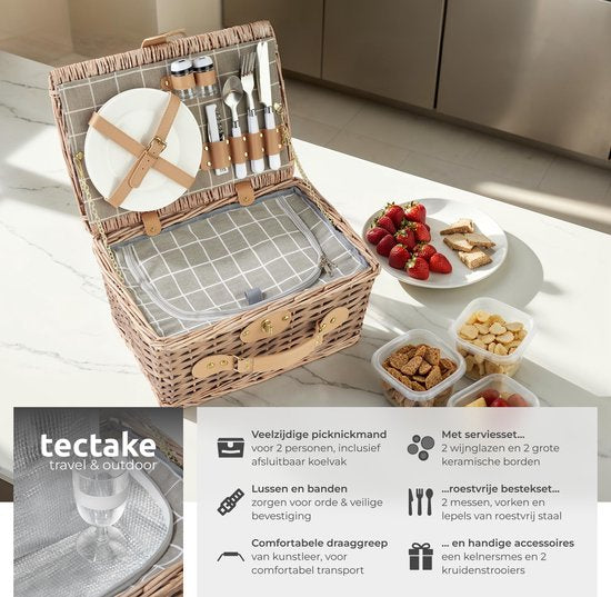 tectake® complete Picnic Basket Set Ameland - Luxury 13-piece Picnic Set for 2 - Wicker Picnic Basket - Includes Cooler, Set with Plates, Plastic Wine Glasses and Stainless Steel Cutlery