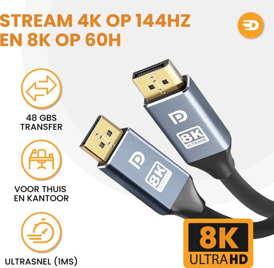 Drivv. Câble Displayport - 8K 60Hz - 4K 144 Hz - 32.4GBps - Displayport 1.4 - Câble DP - PVC - 1 mètre - Gris spatial