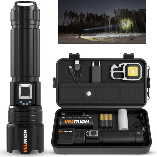 Lampe de poche LED rechargeable Veltrion - Accessoires gratuits - Lampe de poche militaire - 6 000 lumens - Batterie 26650 - 5 modes - Fonction batterie externe - Lampe de poche à piles - Kit d'urgence