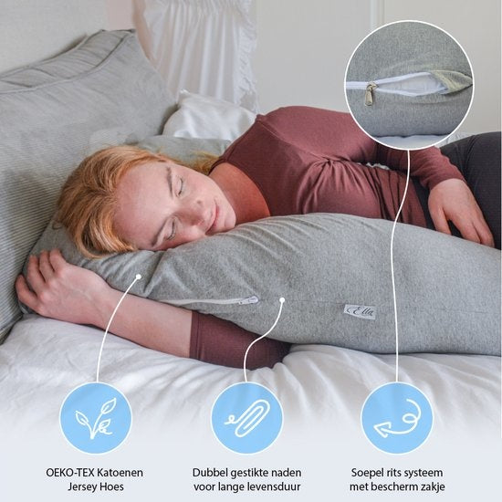 Ella® Maternity Pillow XXL U-Shape - Coussin d'allaitement - Coussin de sommeil en soie - Coussin de corps - Enveloppe amovible en jersey de coton - 140x80cm - Gris clair