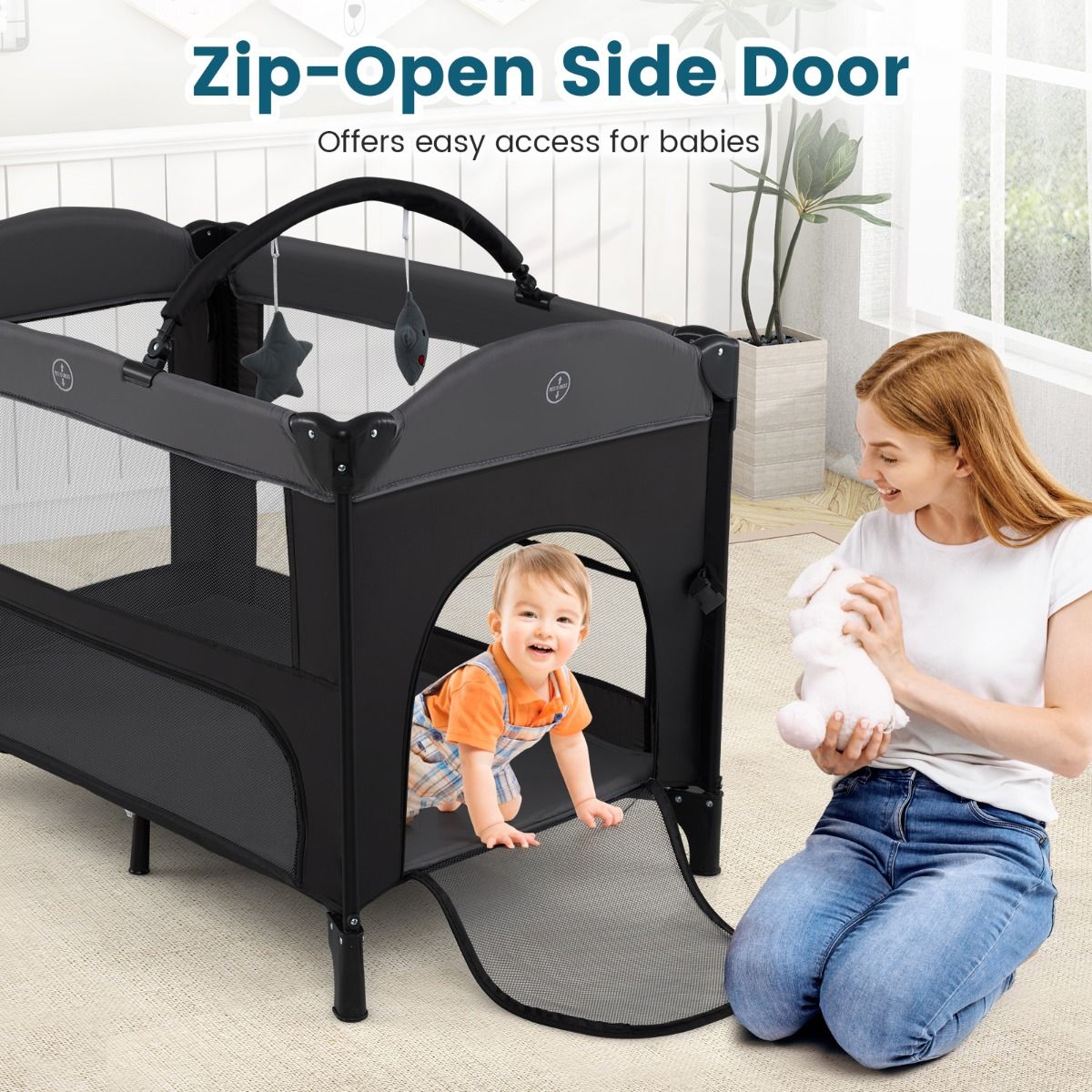 Lit de voyage pour bébé Coast 5-en-1 avec 4 hauteurs réglables, table à langer, arceau à jouets et sac de transport - 100 x 70 x 72 cm - Noir