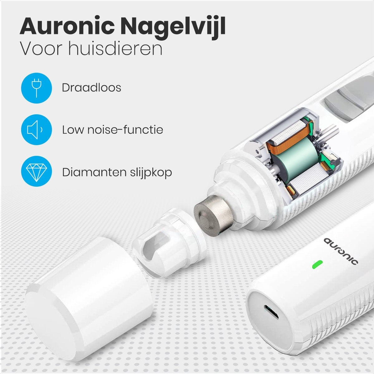 Auronic lime à ongles électrique - pour animaux - rechargeable - sans fil - tête de lime en diamant - chiens/chats - blanc